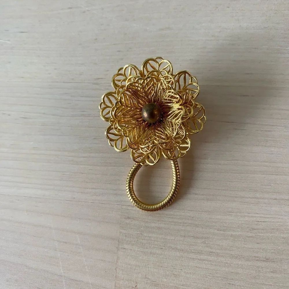 Vintage Golden Cottagecore Flower Brooch with Scarf Hold